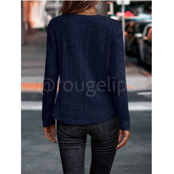 Navy Blue Rib Knit Long Sleeve Tee Shirt Decorative Buttons - Picture 2 of 6